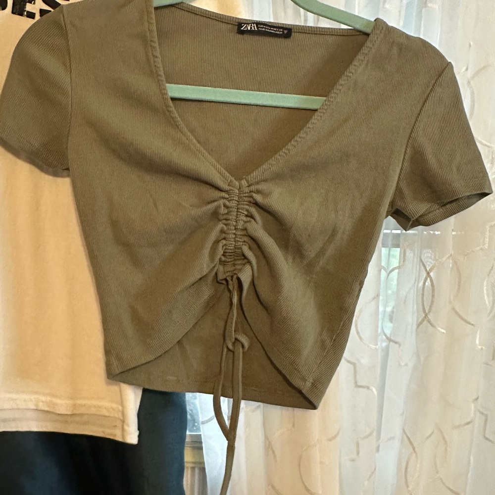 Zara Olive Green Ribbed Ruched Women Top